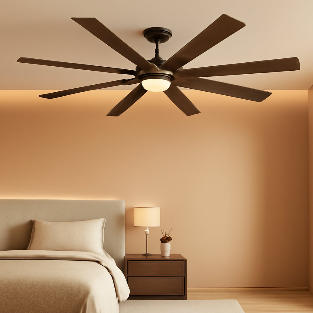 72 Inch Oil Rubbed Bronze Ceiling Fan With Lights Remote installed in a modern bedroom interior.