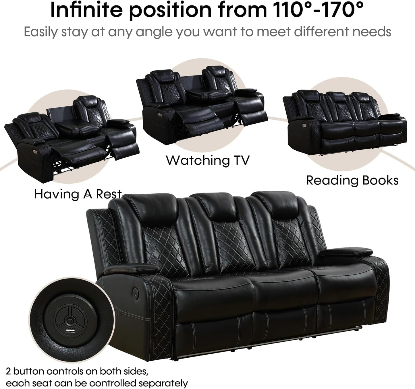 Black Leather Power Recliner Sofa Set With USB Ports