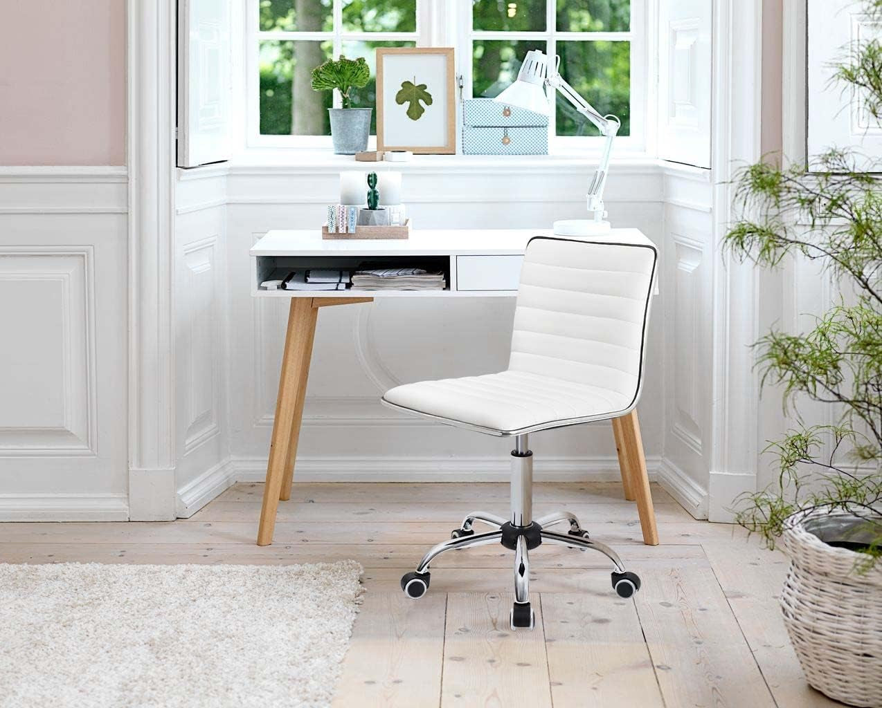 Mid Back Vanity Chair White PU Leather Swivel Office Chair