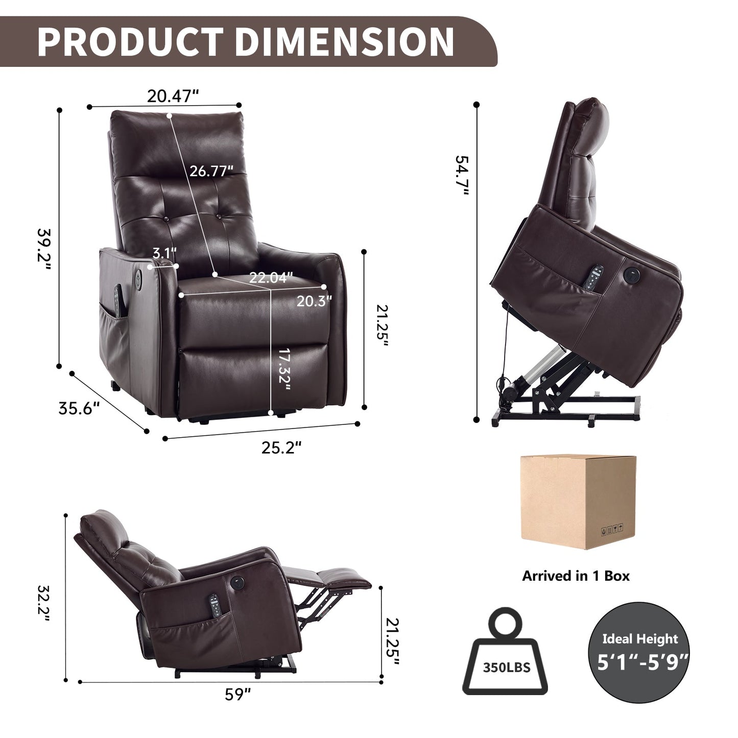 Brown PU Single Motor Power Lift Recliner Chair