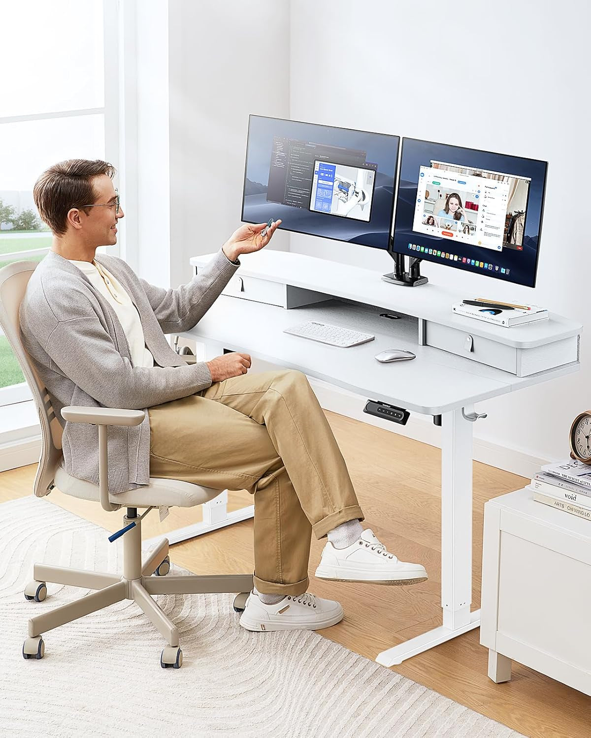 48 By 24 Electric Standing Desk With 2 Drawers White Finish