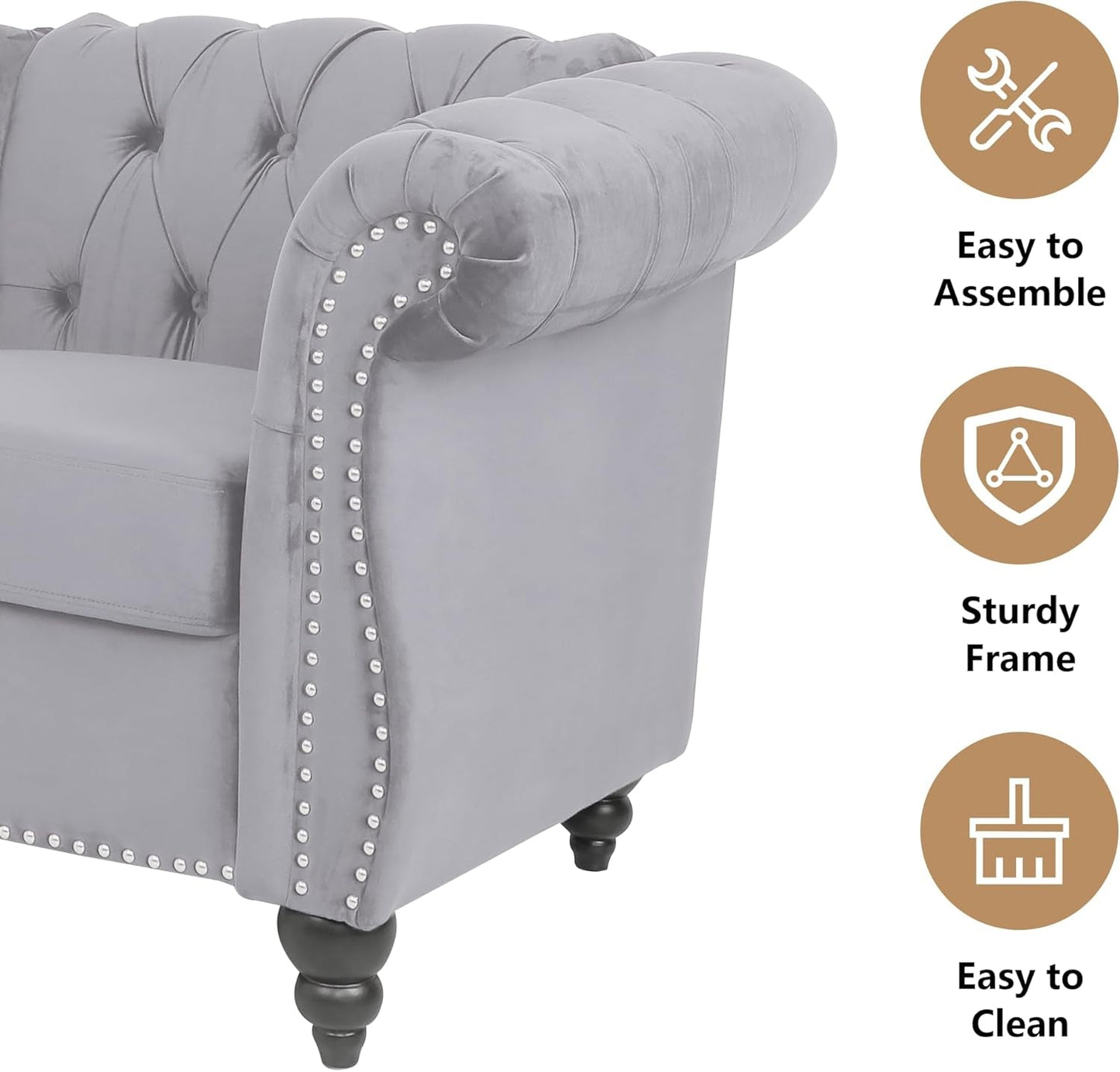 3 Piece Velvet Living Room Set Sectional Chesterfield Sofa Upholstered Loveseat And Chair