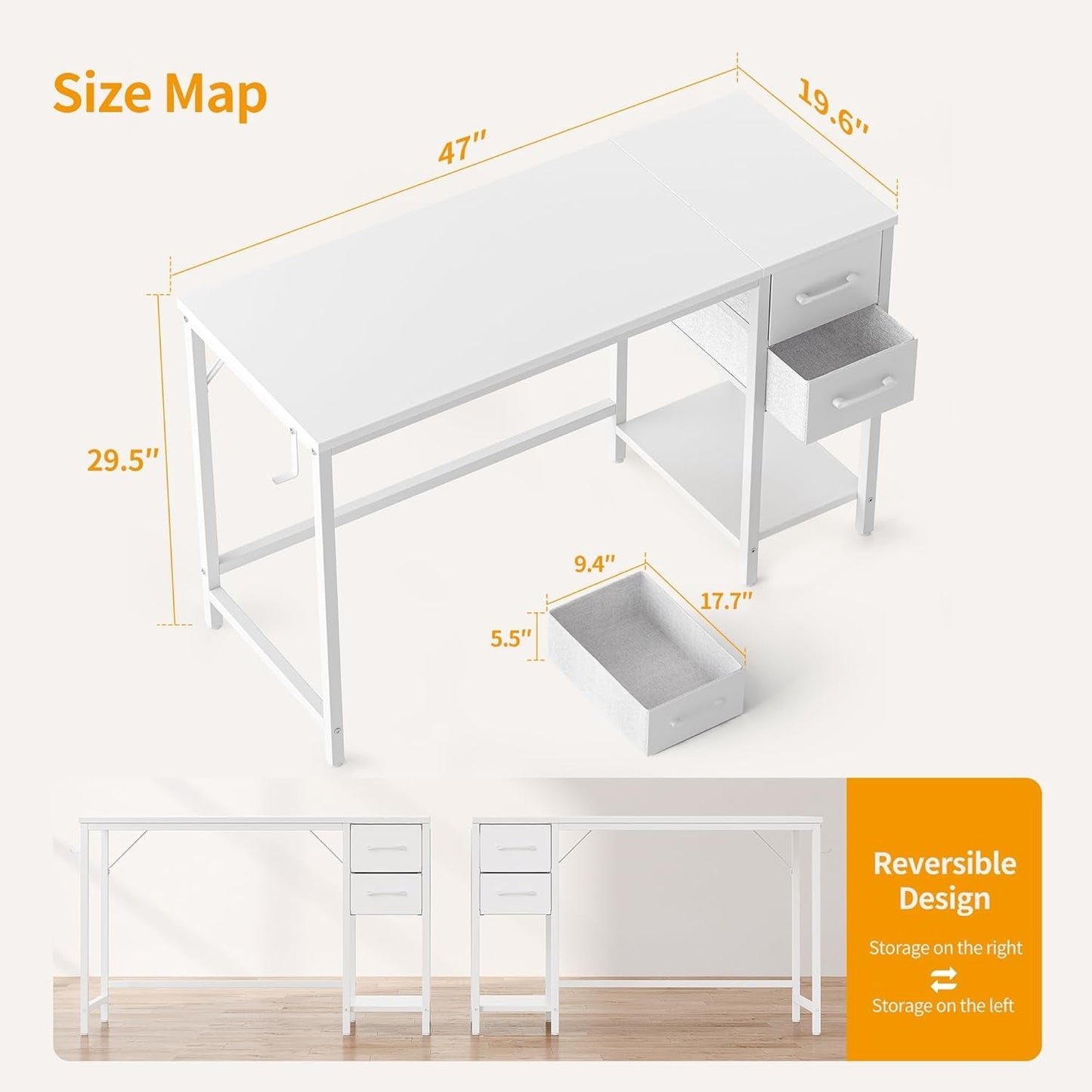 47 Inch White Ergonomic Executive Desk With Drawers