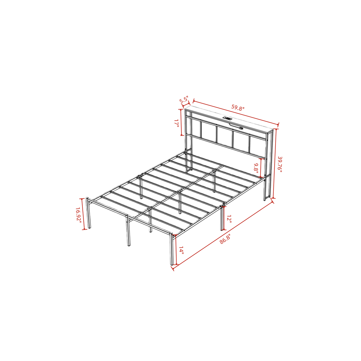 14 Inch Queen Bed Frame with Storage Headboard