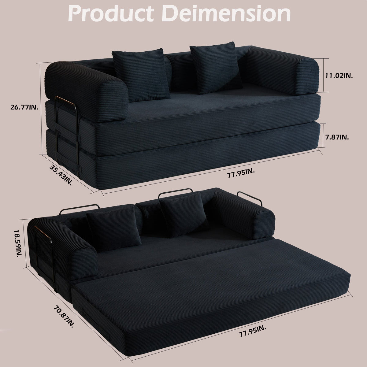 Convertible Sleeper Sofa Bed with Cylindrical Pillow