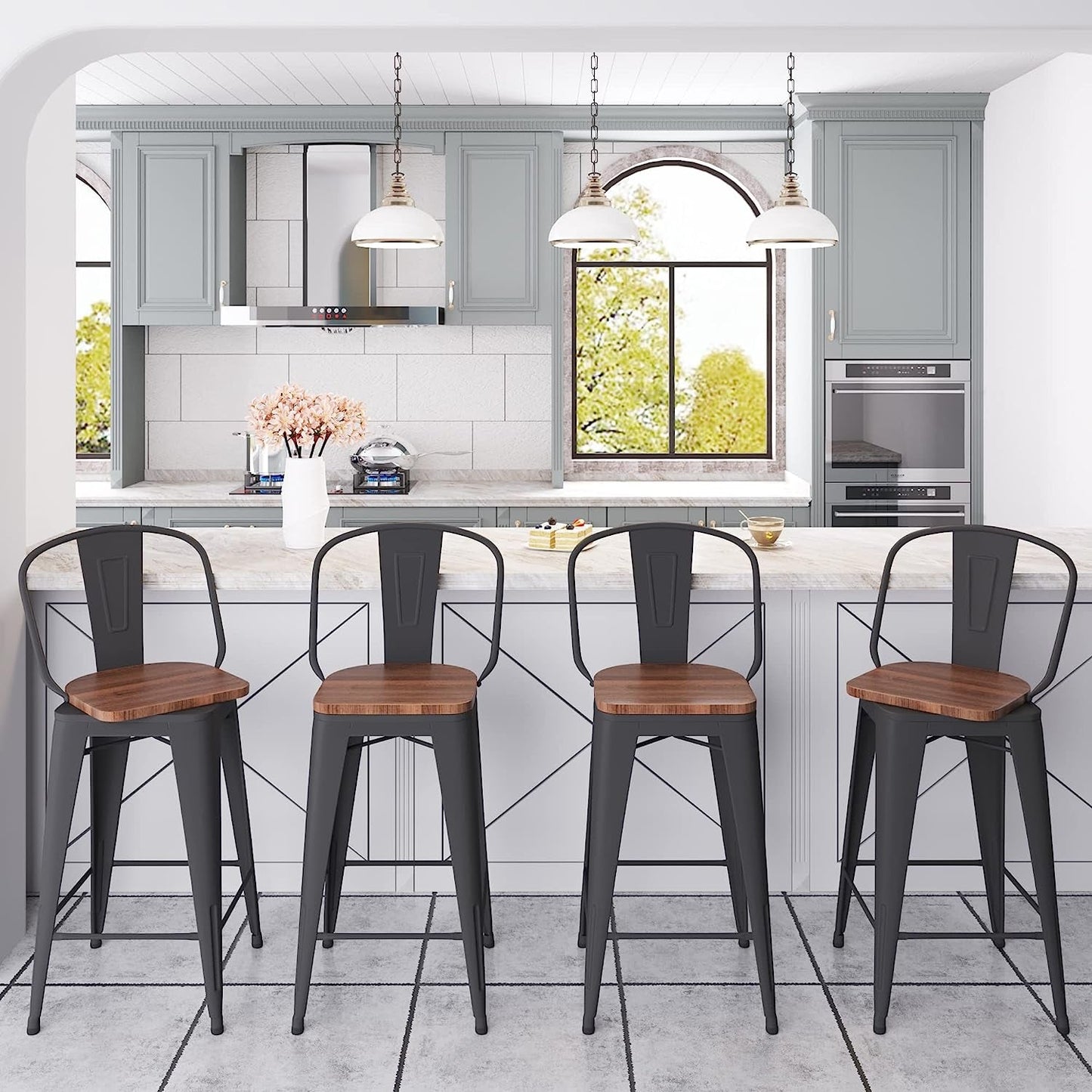 Counter Height Swivel Bar Chairs With Back Set Of 4 in a modern kitchen setting with a stylish bar island.