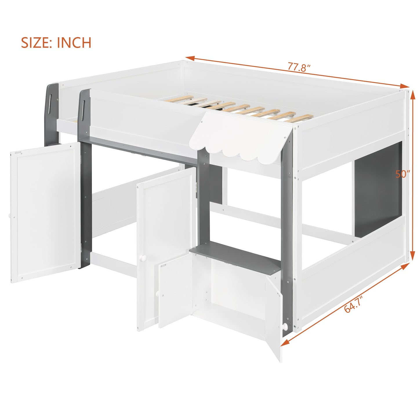 Full Loft House Bed with Playhouse & Storage, Modern Wood Cabin Bed for Kids/Teens, White+Gray