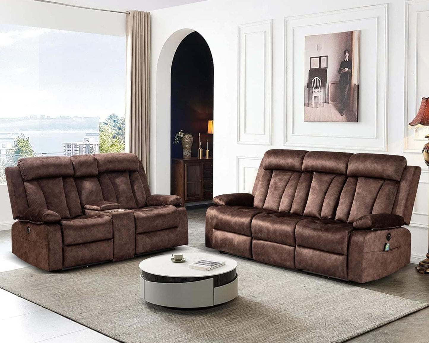 Power Reclining Sofa Set 3 Seat With Massage USB Ports in a stylish living room setting.