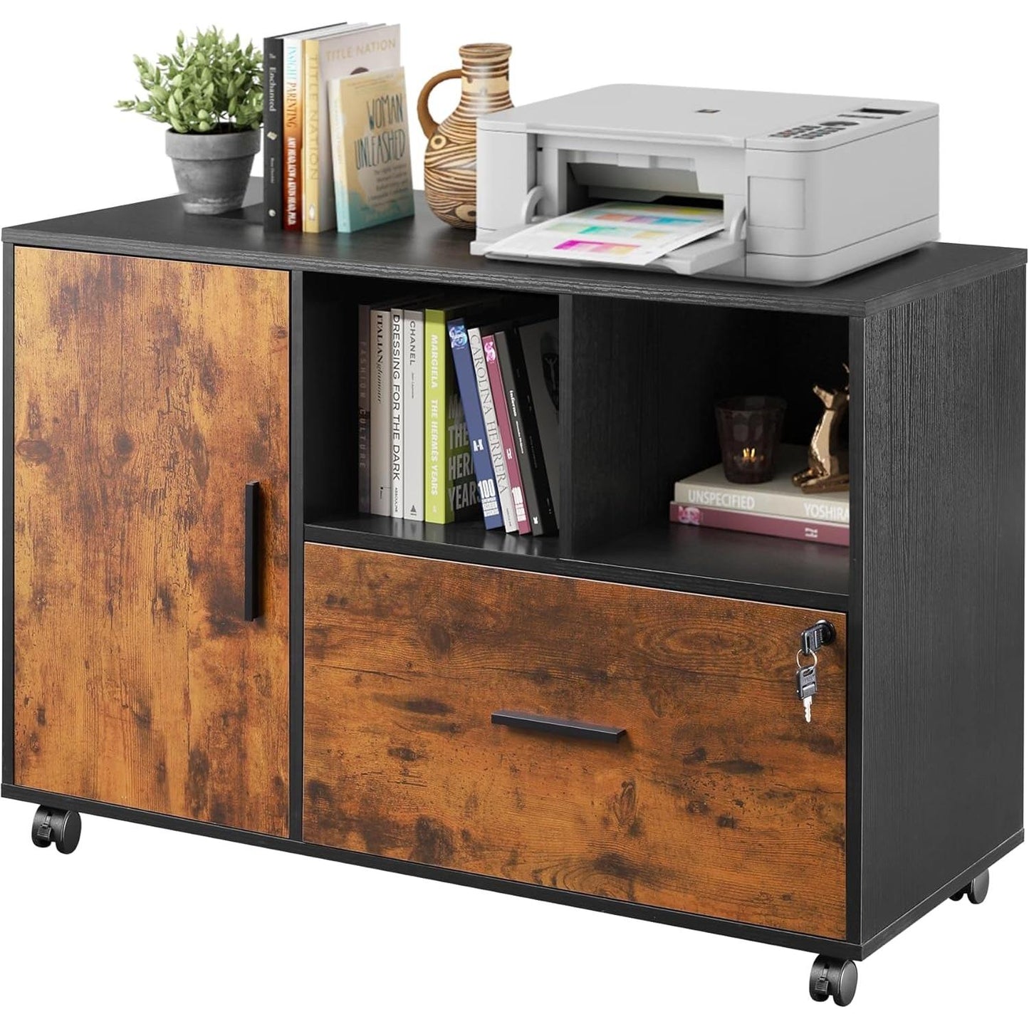 Locking Lateral File Cabinet With Printer Stand System