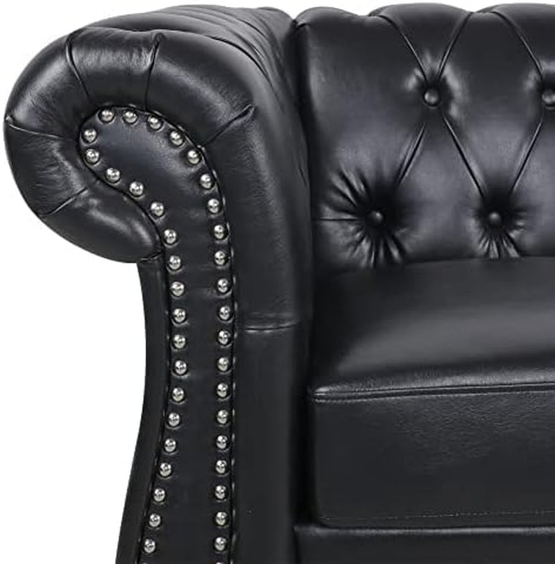 Three Piece Living Room Furniture Set With Faux Leather Chesterfield Sofa Club Chair And Loveseat In Black