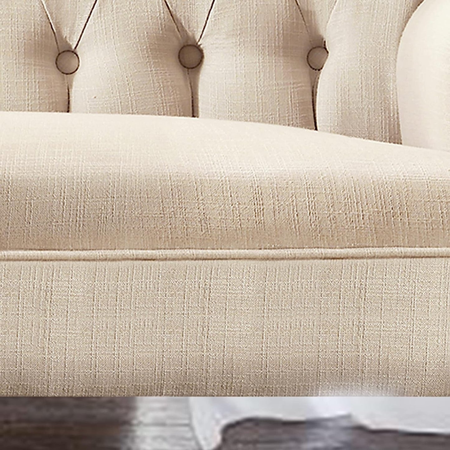 Warm Beige Tufted Linen Love Seat For Small Spaces upholstery detail image showcasing the soft texture and tufted design.