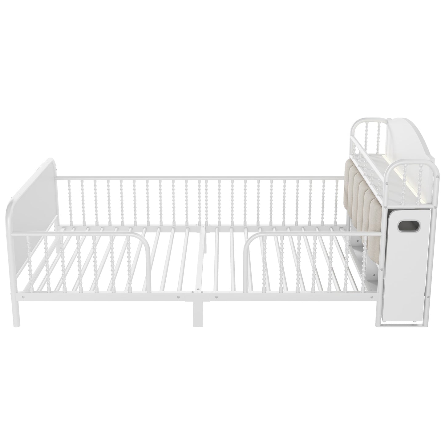 Twin Size Metal Platform Bed Frame with Light, Kids Twin Metal Bed with Upholstered and Pull Out Storage Shelves, White (Expect Arrival Date 2025/10/5)