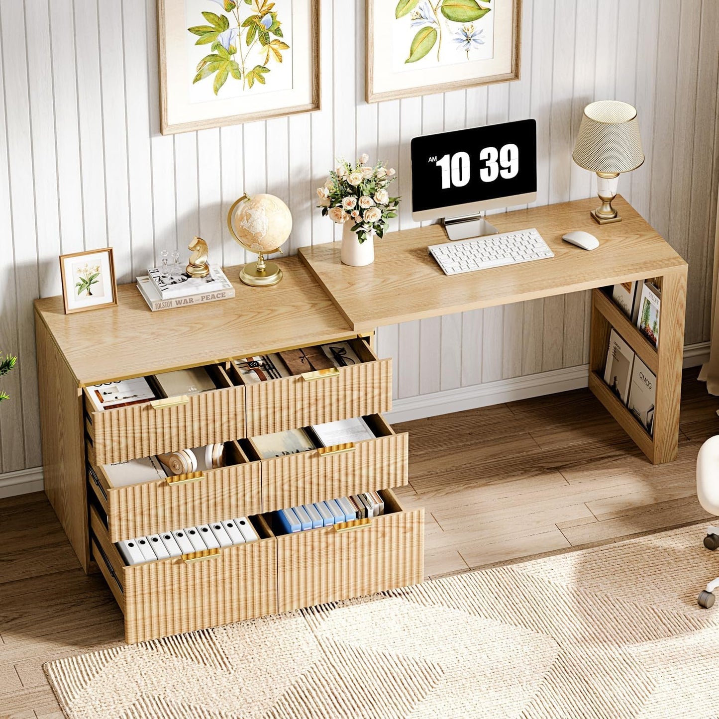 Oak Forty Seven Inch L Shaped Corner Desk With Drawers