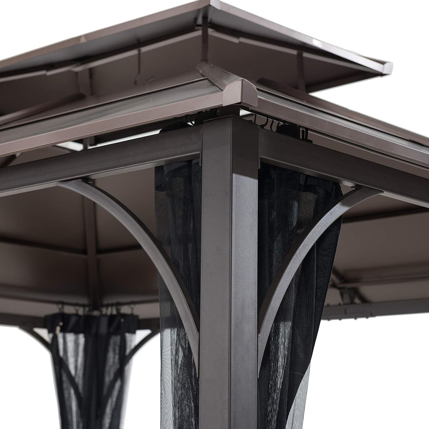 10x12 Brown Hardtop Gazebo With Steel Frame And Netting For Outdoor Patio Garden Canopy Shelter