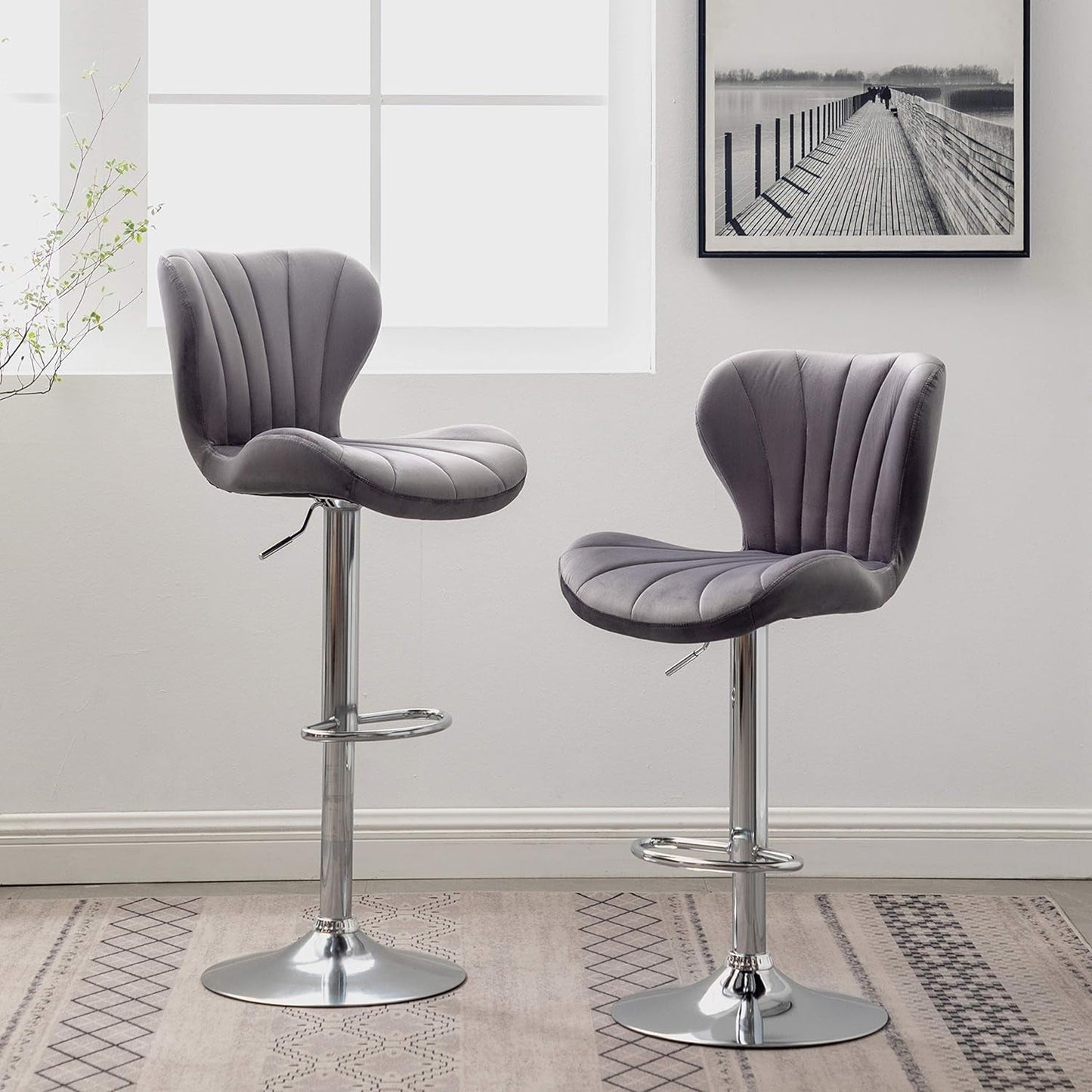 Velvet Adjustable Swivel Barstools Gray Set of Two