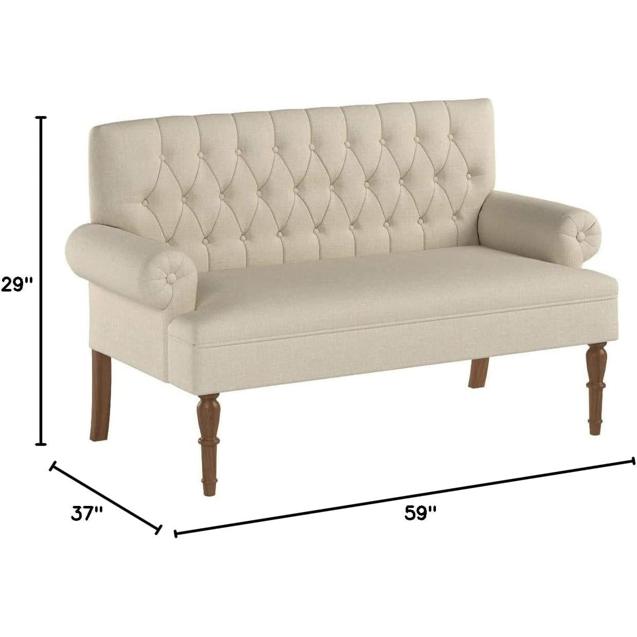 Warm Beige Tufted Linen Love Seat For Small Spaces showcasing dimensions and elegant design.
