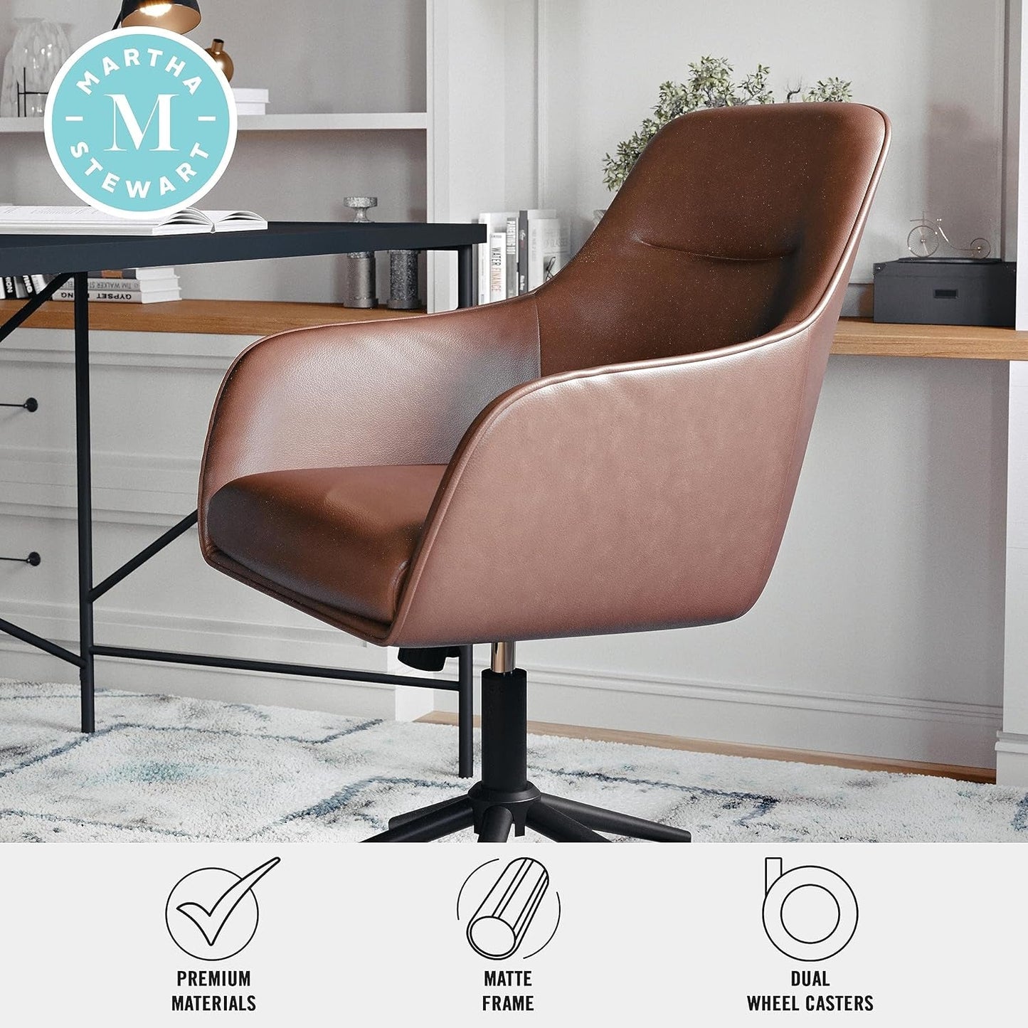 Rayna Swivel Task Chair Saddle Brown With Flared Arms