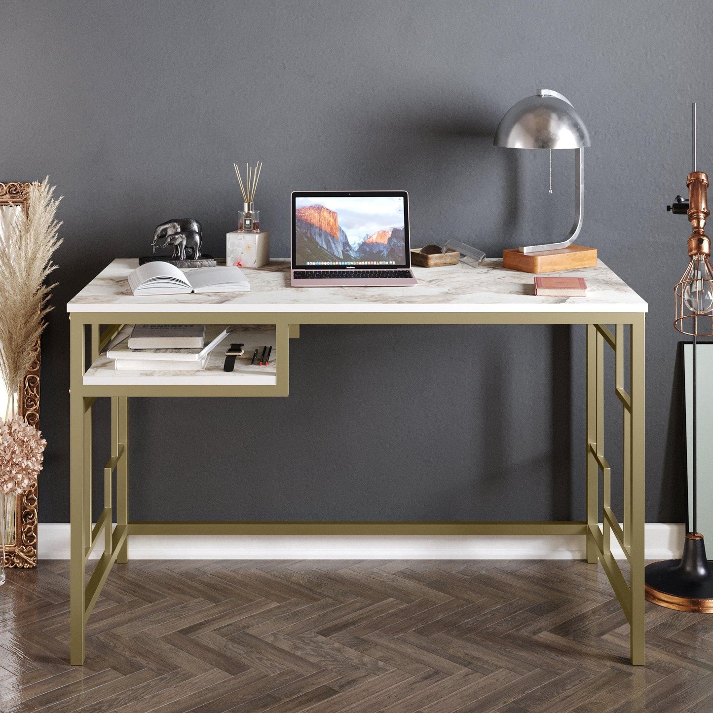 Victory 47'' Wide Metal Engineered Wood Computer Desk with Shelf