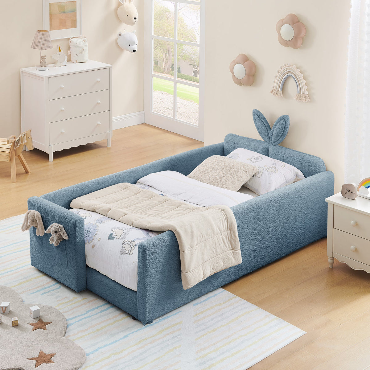 Twin Size Upholstered Platform Bed with Rabbit Ear Headboard