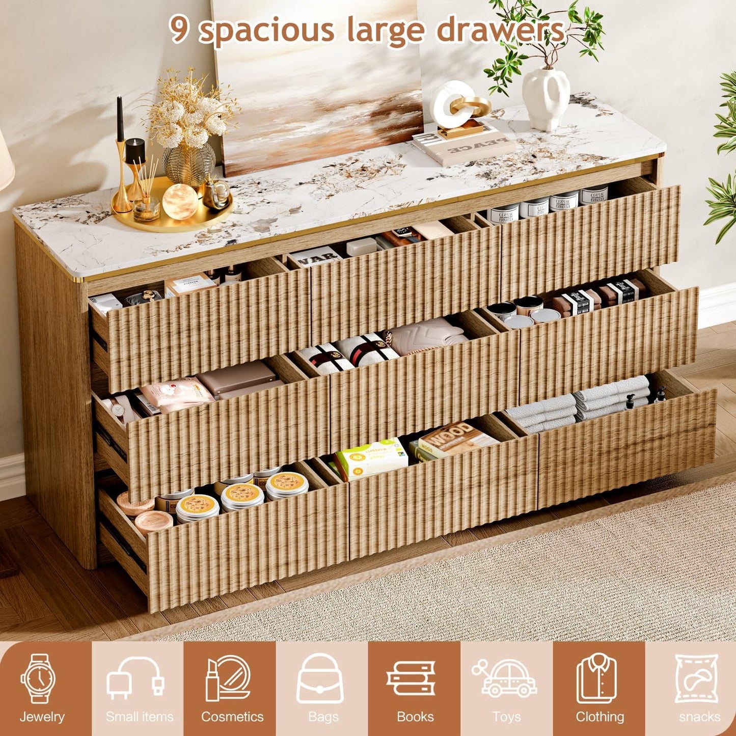 9 Drawer Dresser Chest With PolishedMarbleTabletop