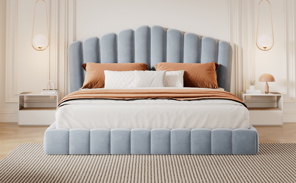 Velvet Upholstered Queen Bed Frame with Shell-Shaped Headboard