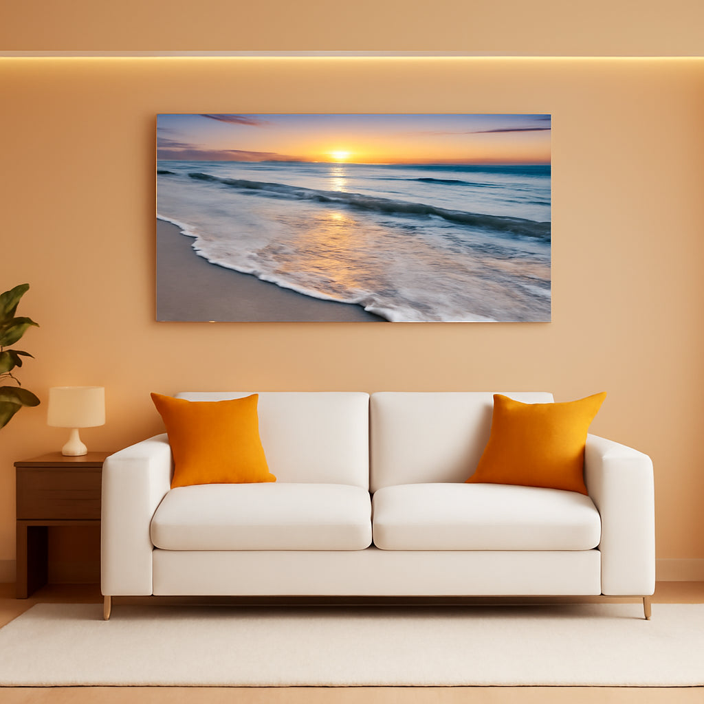 Beach Canvas Wall Art Ocean Scene Multiple Sizes Gallery displayed above a modern couch in a cozy living room.