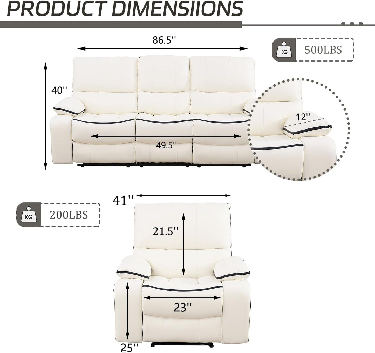 Cream White Bonded Leather Recliner Sofa Set With Manual Recliner