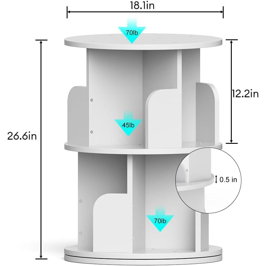 Rotating Bookshelf 2 Tier White Narrow Corner Swivel