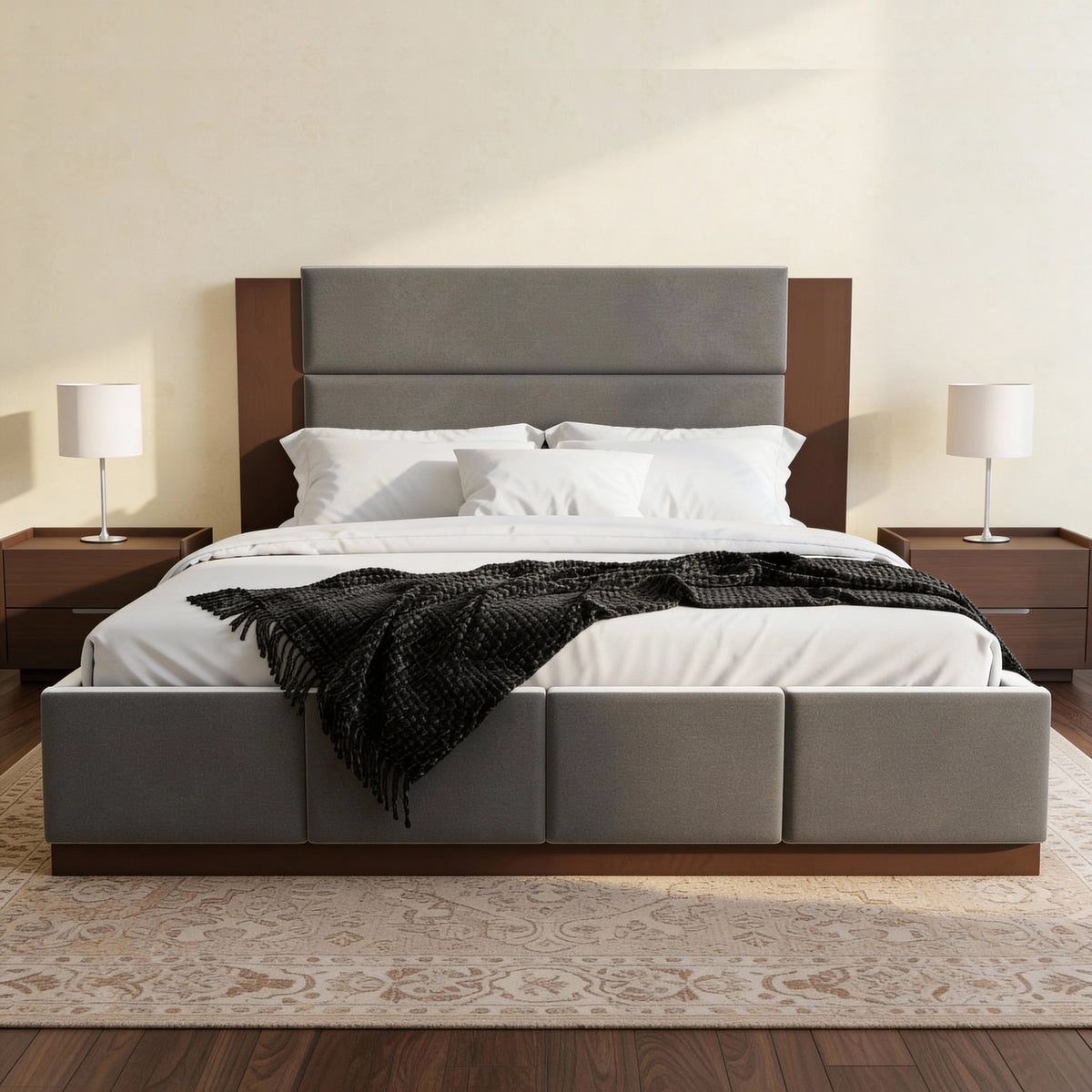Upholstered Platform Bed Frame With Extended Wood Headboard