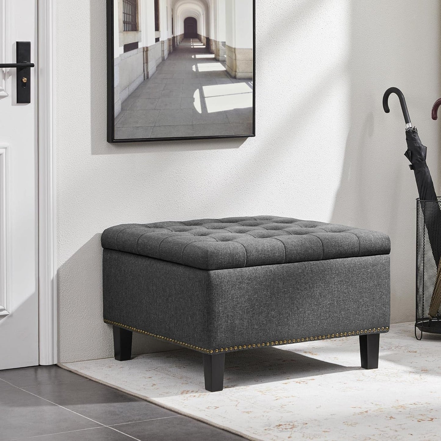 28 Inch Entryway Ottoman Bench Charcoal With Storage