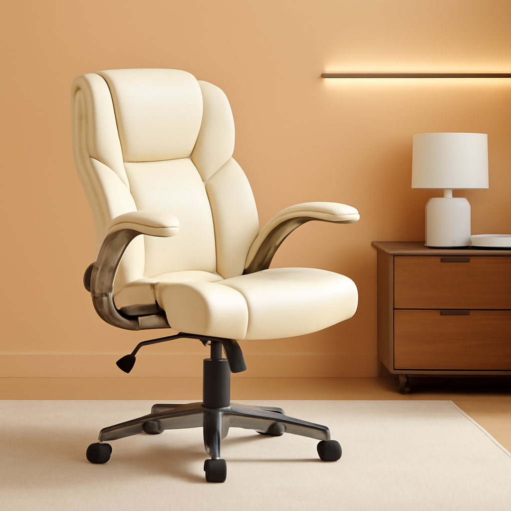 Ivory Leather Office Chair Set Of 2 With Flip Up Arms
