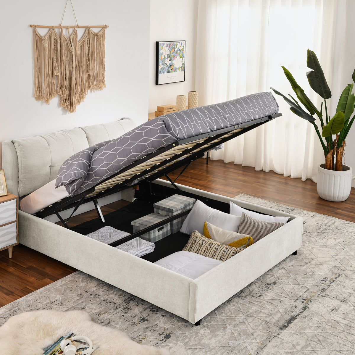 Queen Size Storage Upholstered Hydraulic Platform Bed