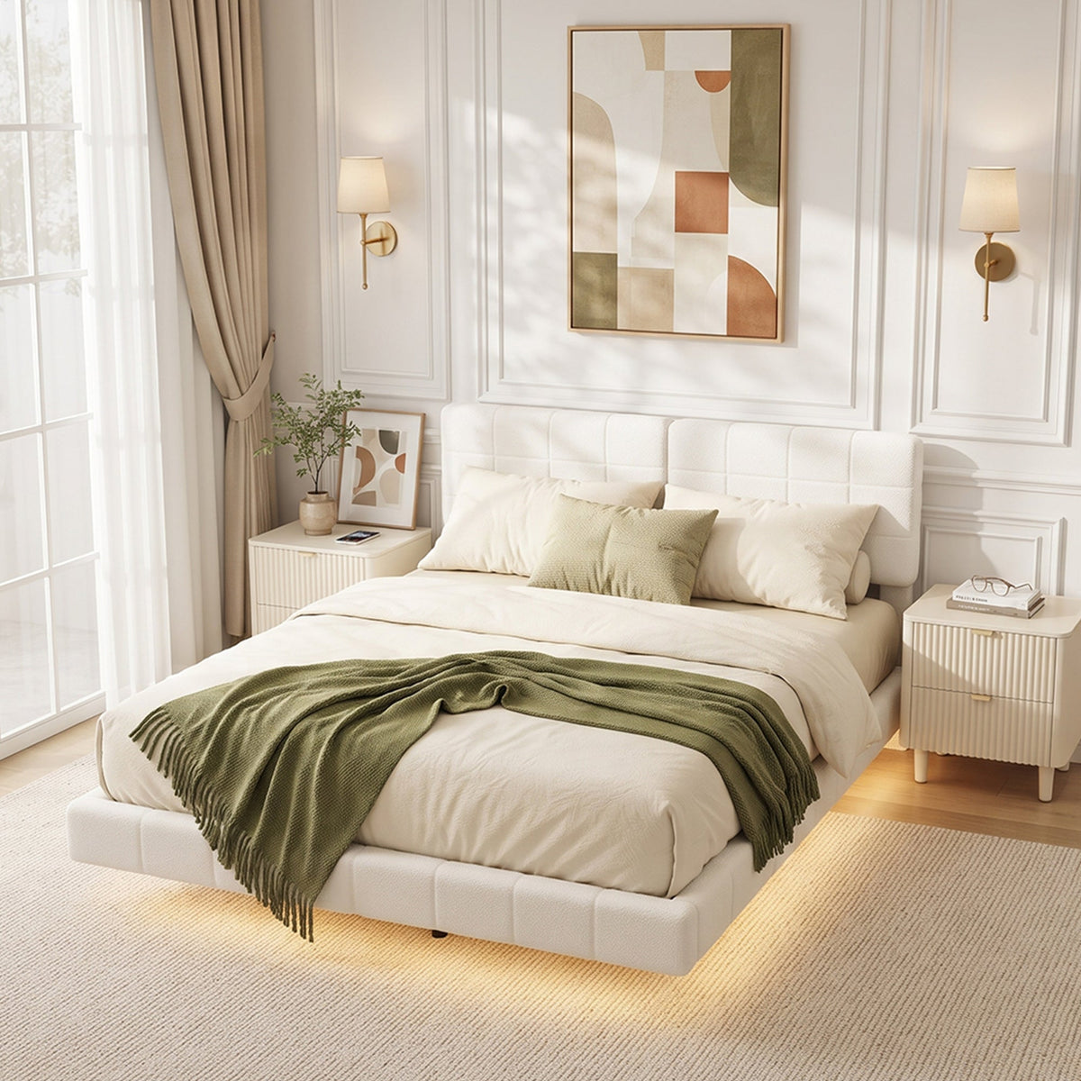 White Boucle Floating Bed with Light, King
