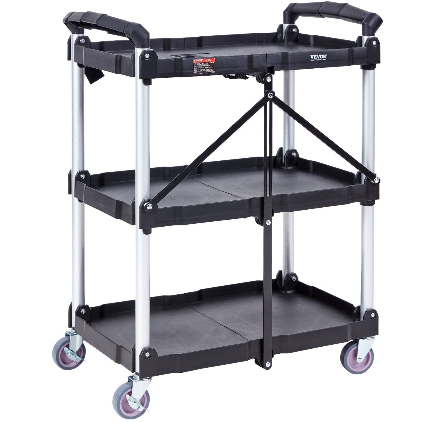 Foldable Utility Service Cart, 3 Shelf 165LBS Heavy Duty Plastic Rolling Cart with Lockable Wheels, Ergonomic Handle, Portable Garage Tool Cart for Warehouse/Office/Home(25.62'x15.43'x32.76')