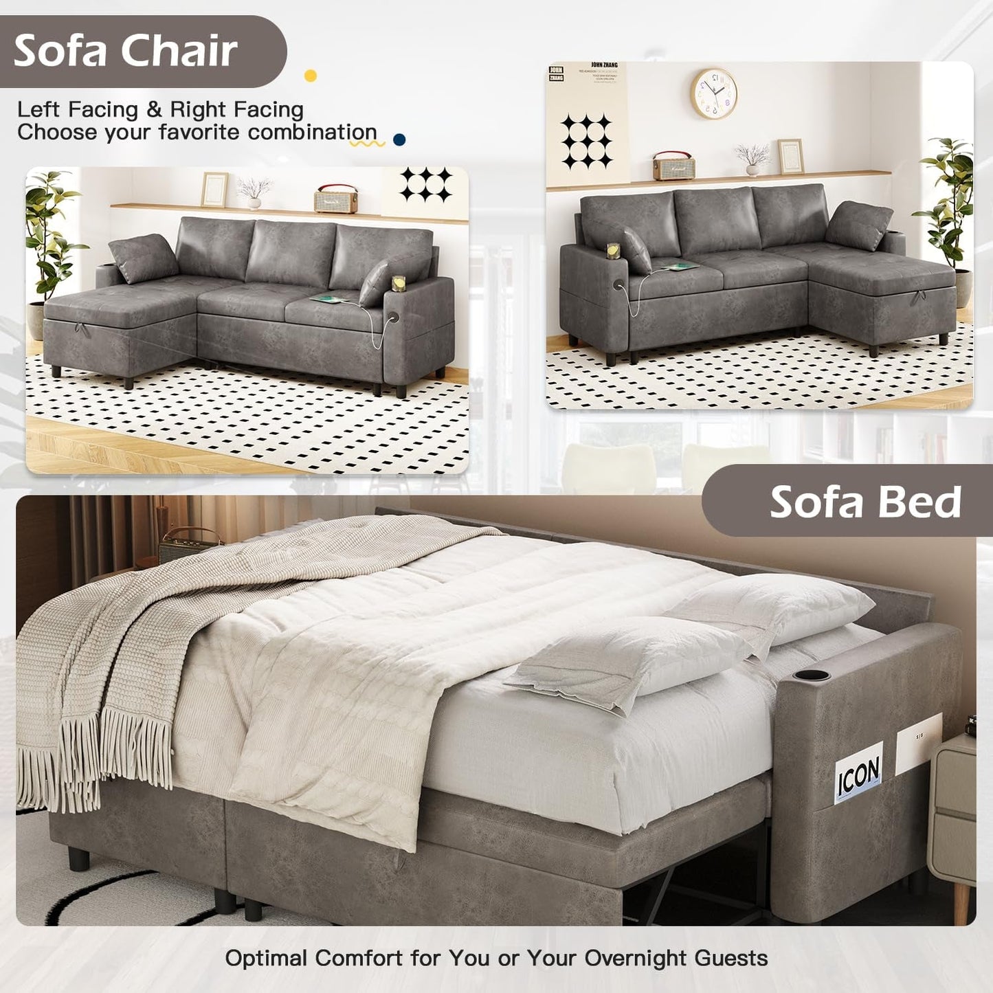 Charcoal Gray Sleeper Sofa With Reversible Storage Chaise