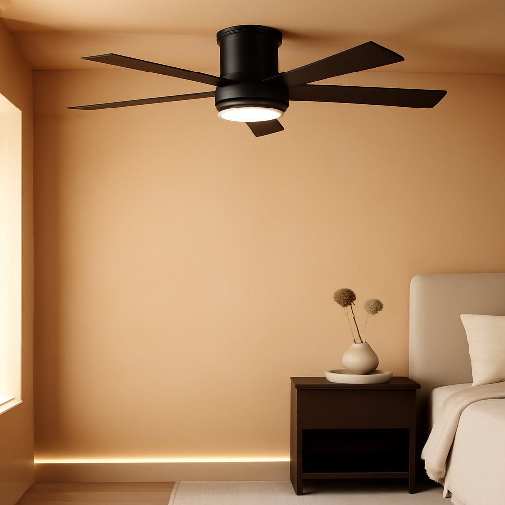 52 Inch Black Flush Mount Ceiling Fan With Dimmable Lights in a modern bedroom setting with stylish decor.