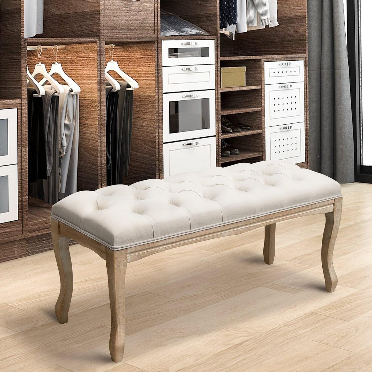 French Vintage Tufted Entryway Bench