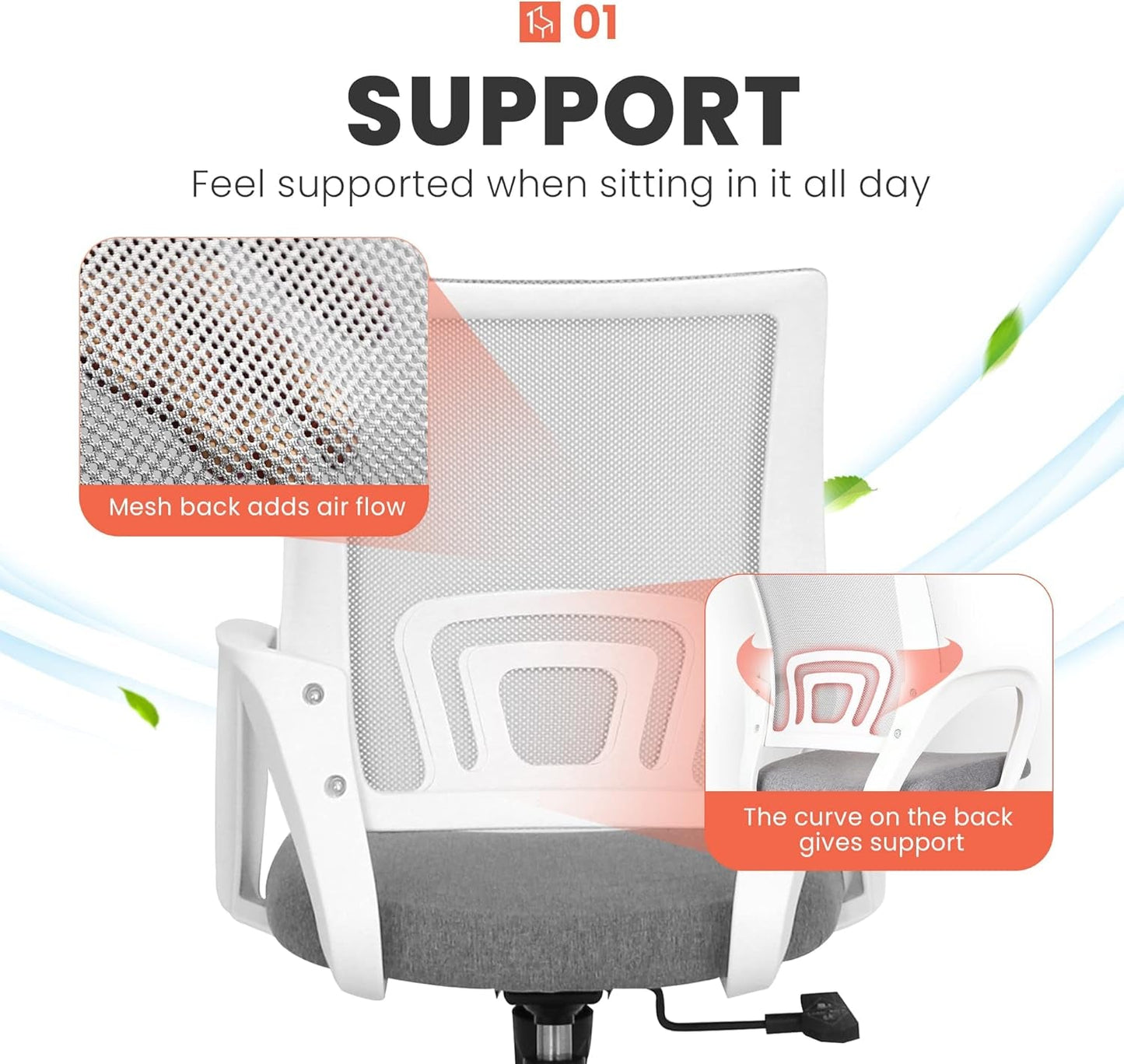 Ergonomic Grey Office Chair With Lumbar Support Mesh
