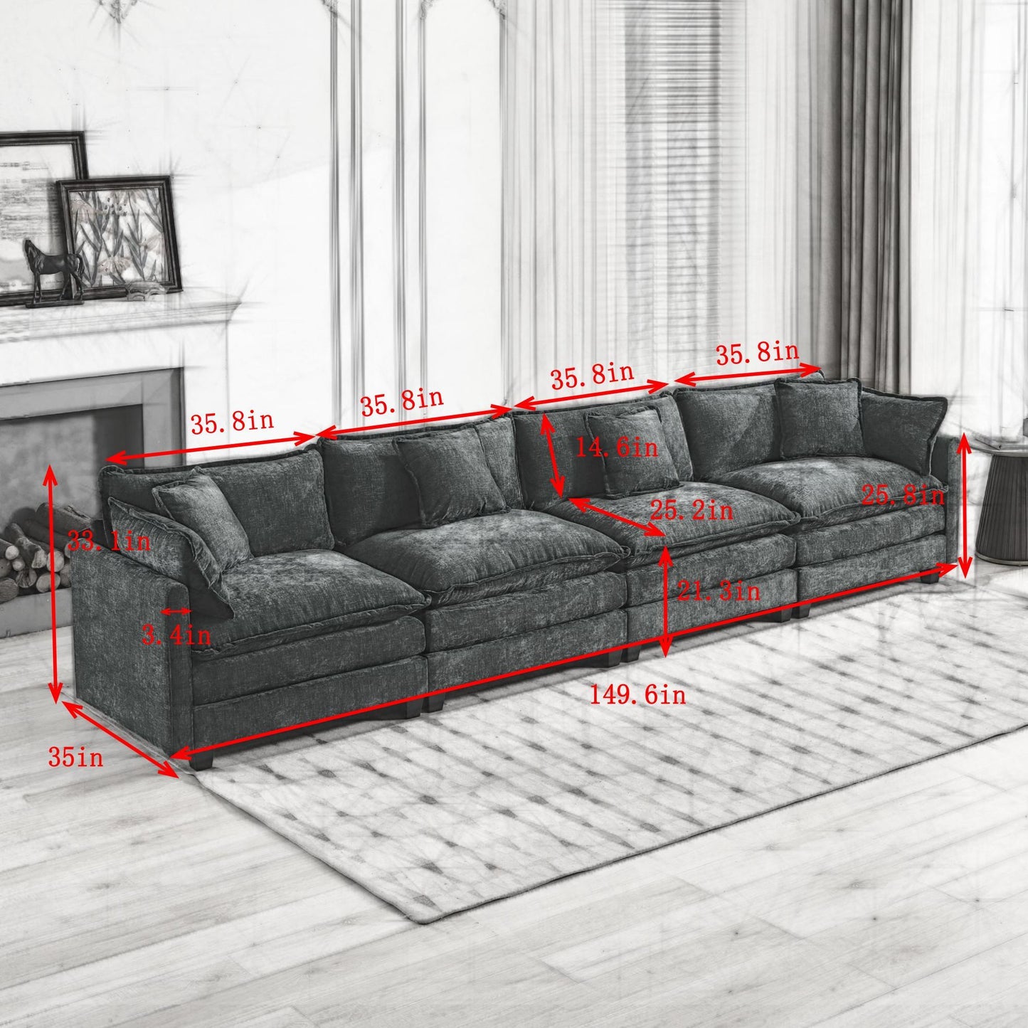 Cloud 4 Seats Sofa (Ottoman is not included) with Chenille Fabric in Beige