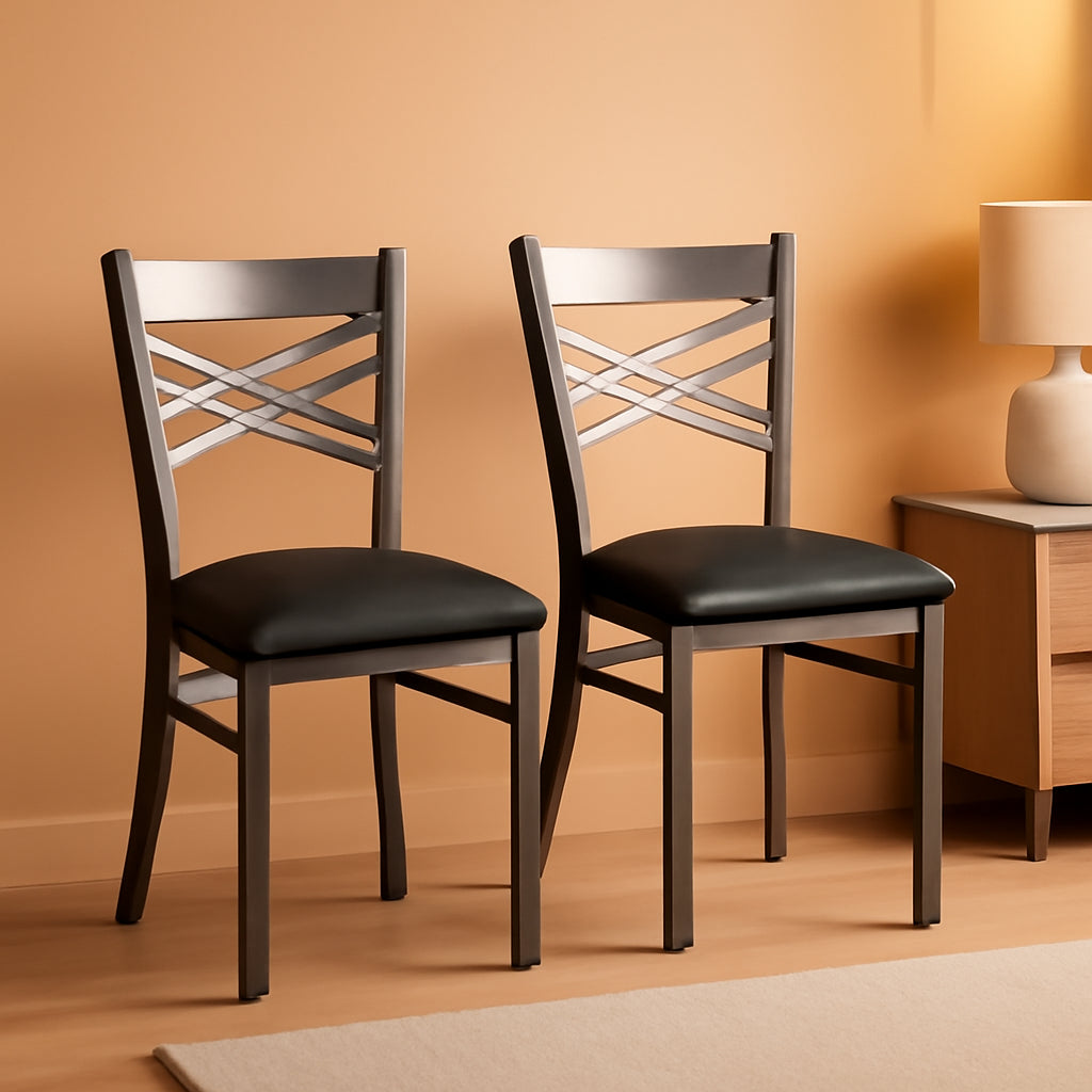 Two Pack Hercules Series Clear Coated X Back Metal Restaurant Chair Black Vinyl Seat