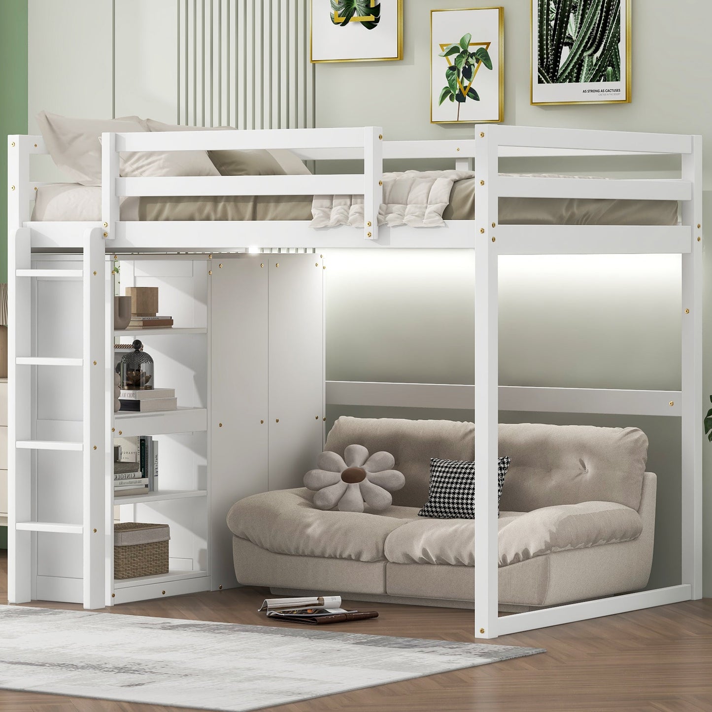 Wood Full Size Loft Bed With Built-in Wardrobe and Storage Shelves