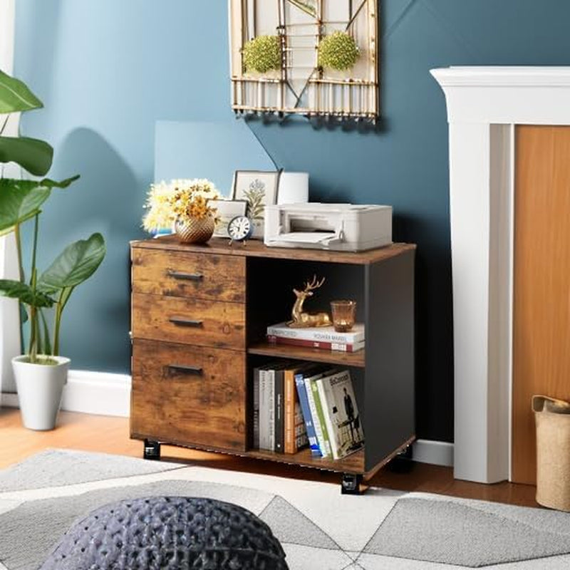 Rustic Brown 3 Drawer Mobile File Cabinet With Open Shelves Printer Stand For Home Office