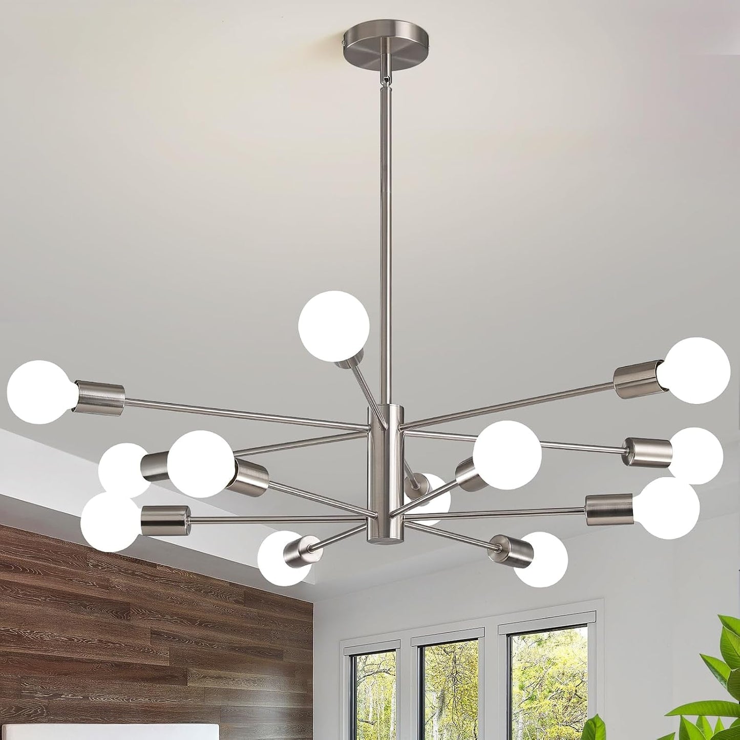Sputnik 12 Light Brushed Nickel Chandelier For Dining Room with modern design and spherical bulbs.