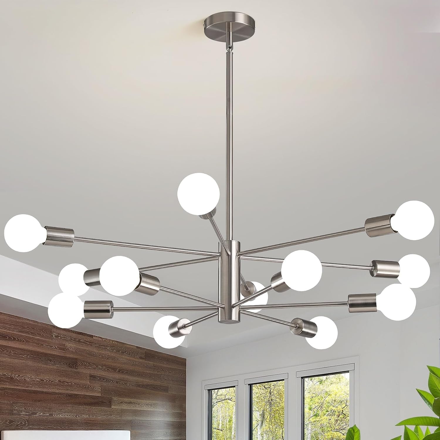 Sputnik 12 Light Brushed Nickel Chandelier For Dining Room with modern design and spherical bulbs.