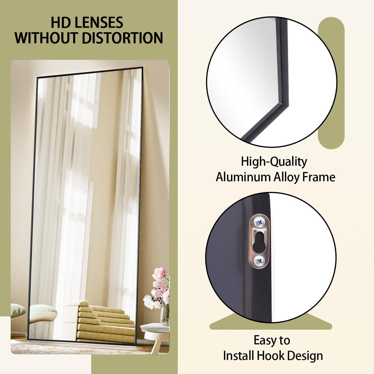 Full Length Standing Mirror 56x21 Black Aluminum Frame Tempered Glass