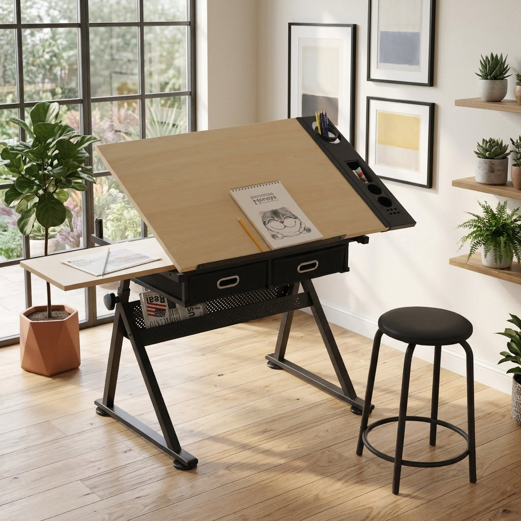 Adjustable Drawing Drafting Table Desk with Stool
