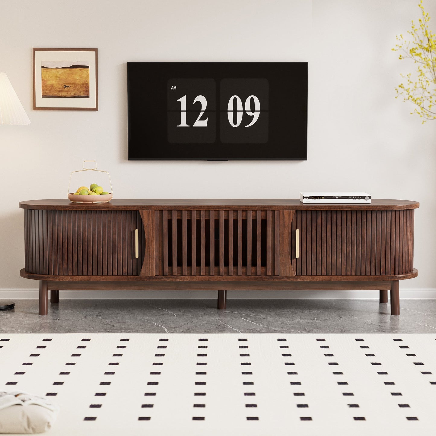 Modern Farmhouse TV Stand for 75' TVs, Wood Entertainment Center with Storage Cabinet, TV Console Table for Living Room, Bedroom