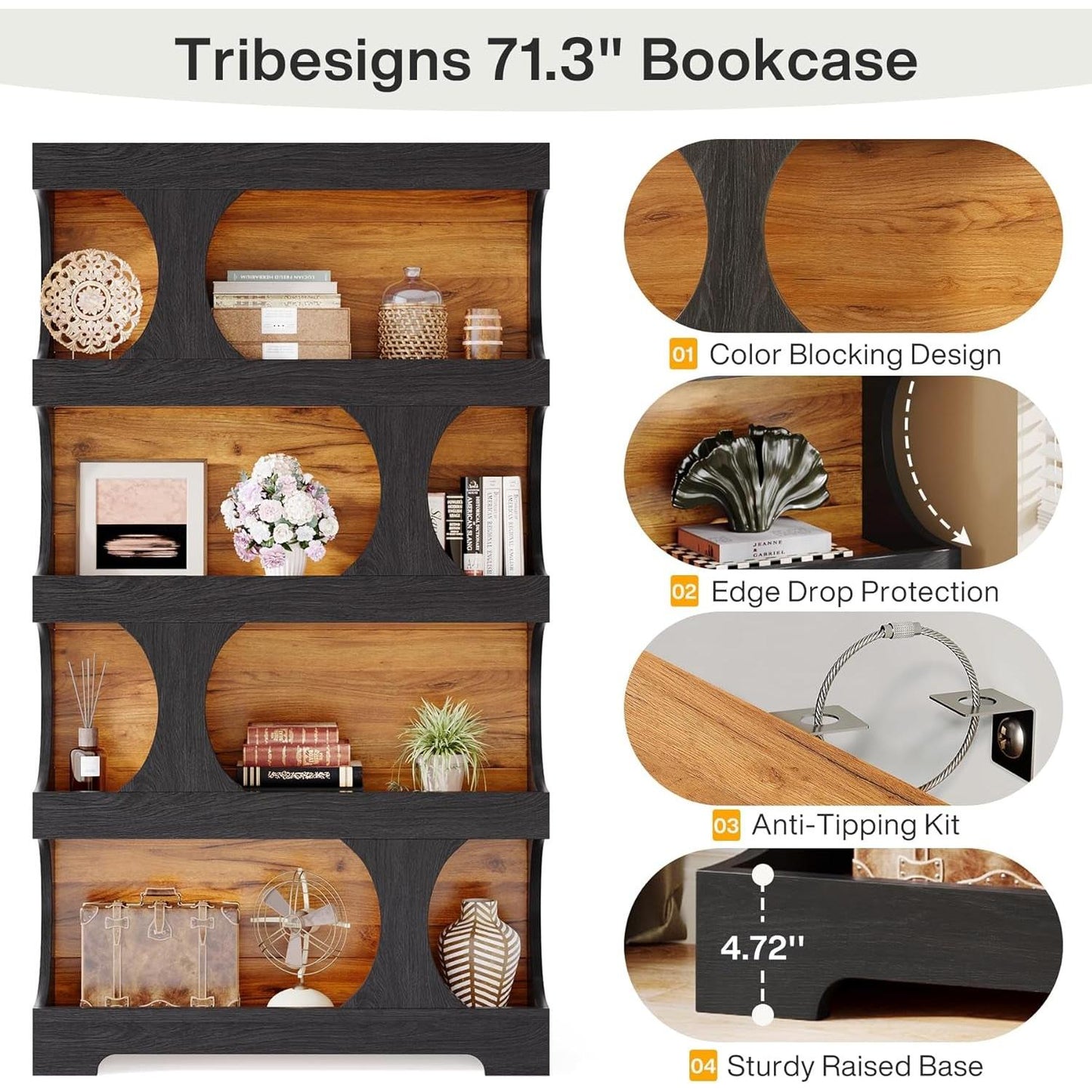 Black 71 Inch Tall Bookcase Modern Storage Display