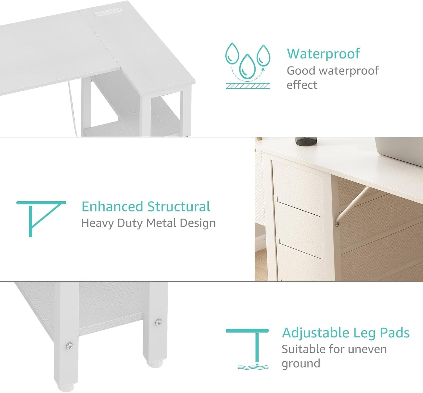 White 47 Inch L Shaped Corner Desk With Reversible Storage