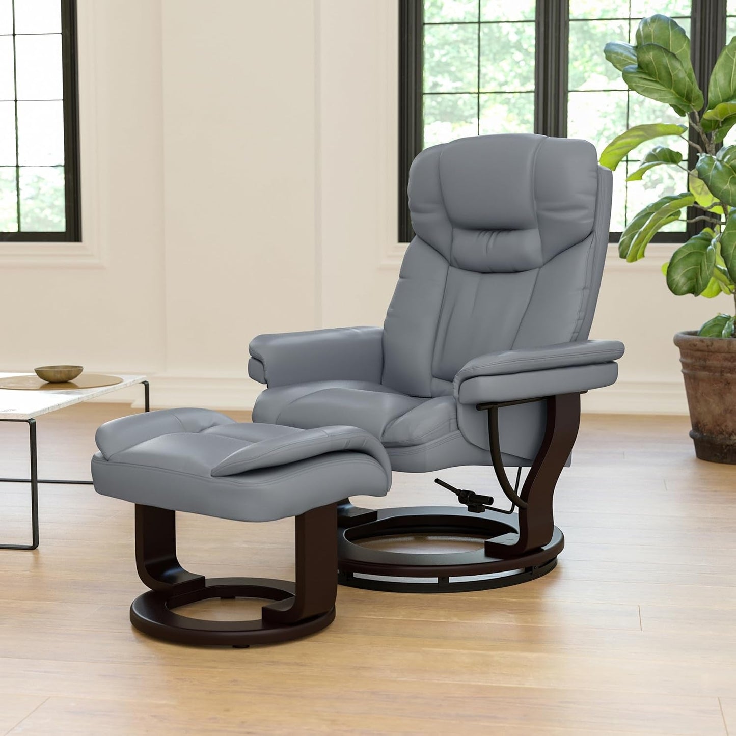 Gray Recliner With Swivel Mahogany Base And Ottoman